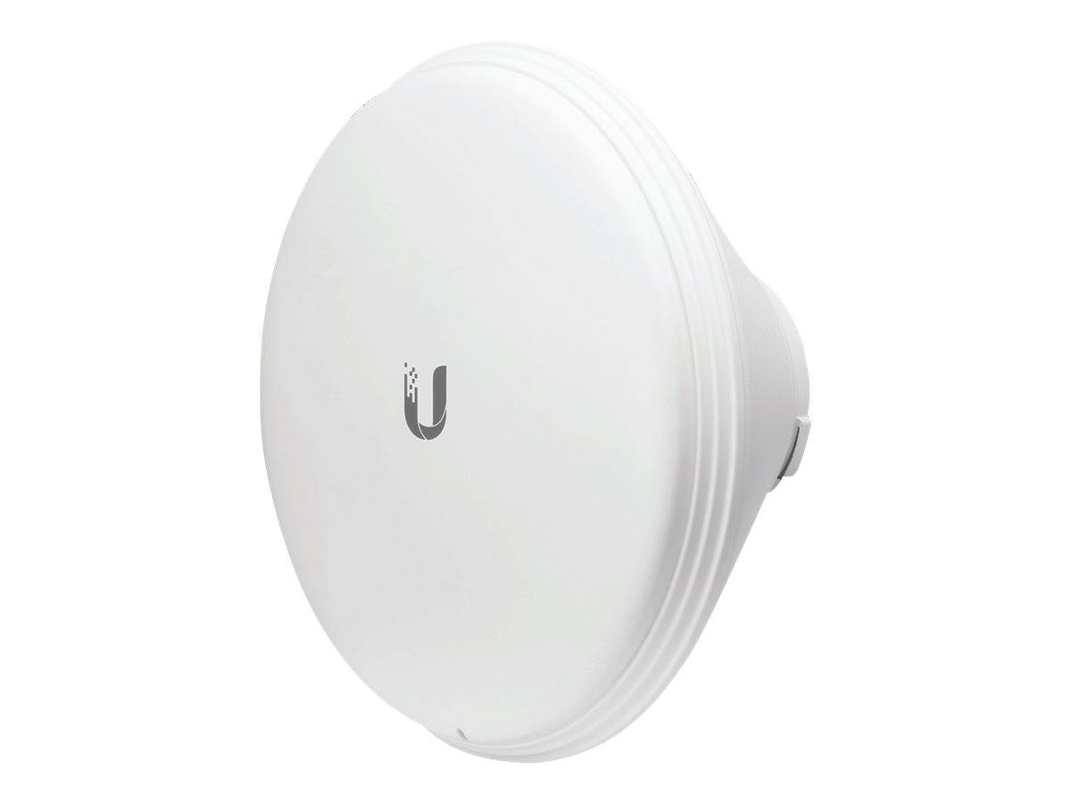 Weißer runder Ubiquiti-Wireless-Zugriffspunkt mit minimalistische Logo, frontal auf einfachem Hintergrund gezeigt.