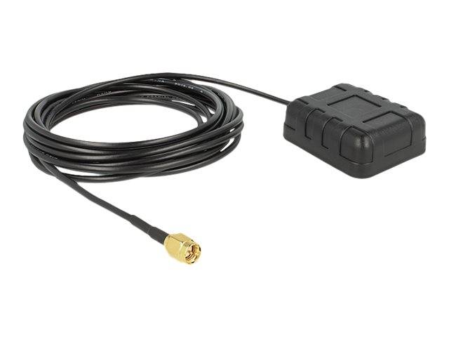 Schwarze externe GPS-Antenne mit aufgerolltem Kabel und vergoldetem Stecker auf weißem Hintergrund