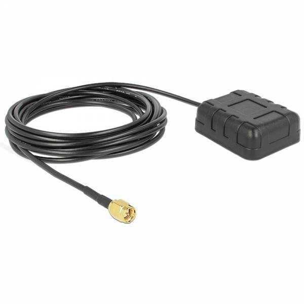 Schwarzes Kabel mit einem kleinen quadratischen Modul und goldenem Steckverbinder auf weißem Hintergrund.