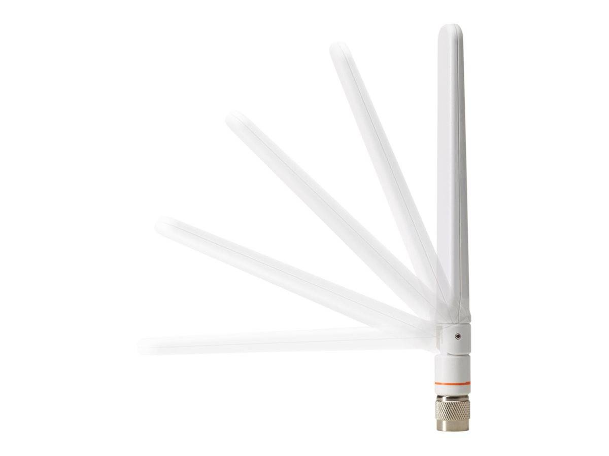 Weiße ausziehbare Antenne mit mehreren ausgefahrenen durchscheinenden Elementen, dargestellt vor einem einfachen weißen Hintergrund.