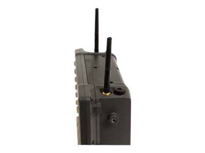 Seitenansicht eines schwarzen tragbaren Funkgeräts oder Wireless-Kommunikationsgeräts mit zwei Antennen auf weißem Hintergrund.