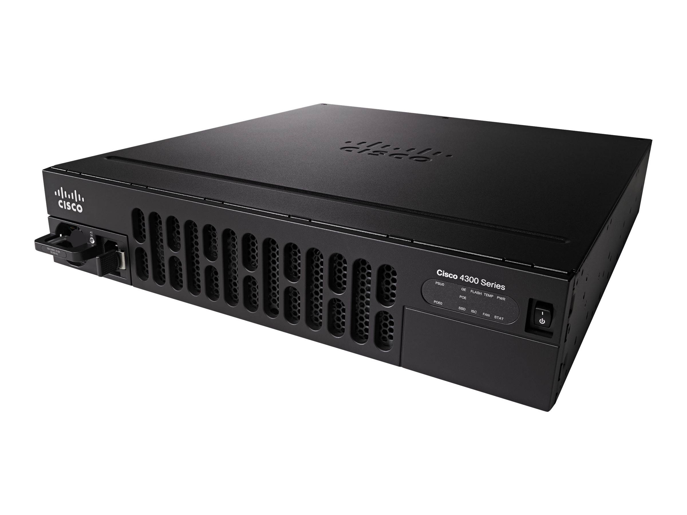 Netzwerk-Router-Appliance der Cisco 4300 Serie in perspektivischer Ansicht mit vorderen Lüftungsschlitzen, Statusleuchten und Netzschalter.