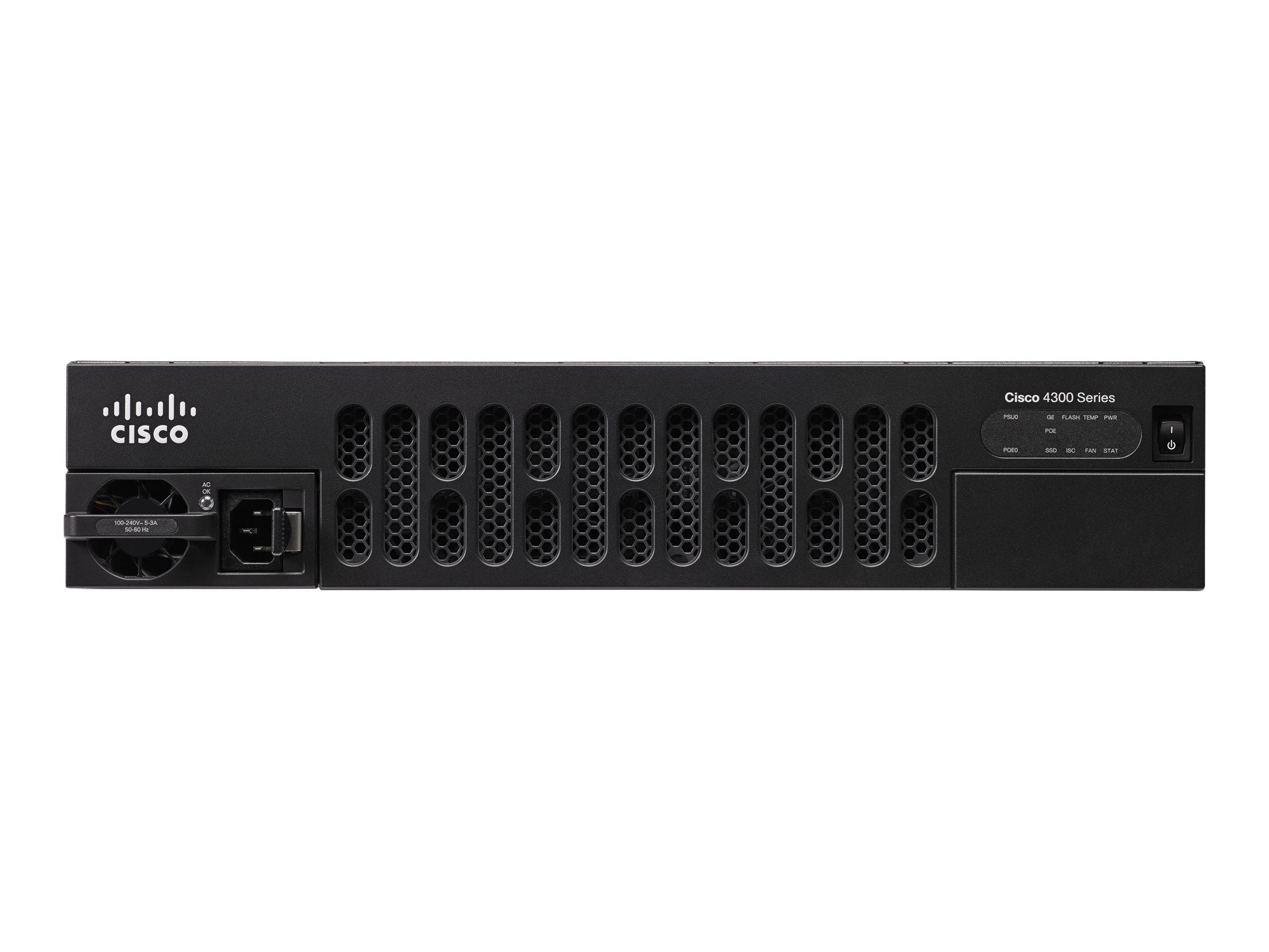 Frontansicht eines Cisco 4300 Series Netzwerkgeräts mit schwarzem Rack-Mount-Gehäuse, Belüftungsgittern und Steuerungs-/Stromanschlussfeld.