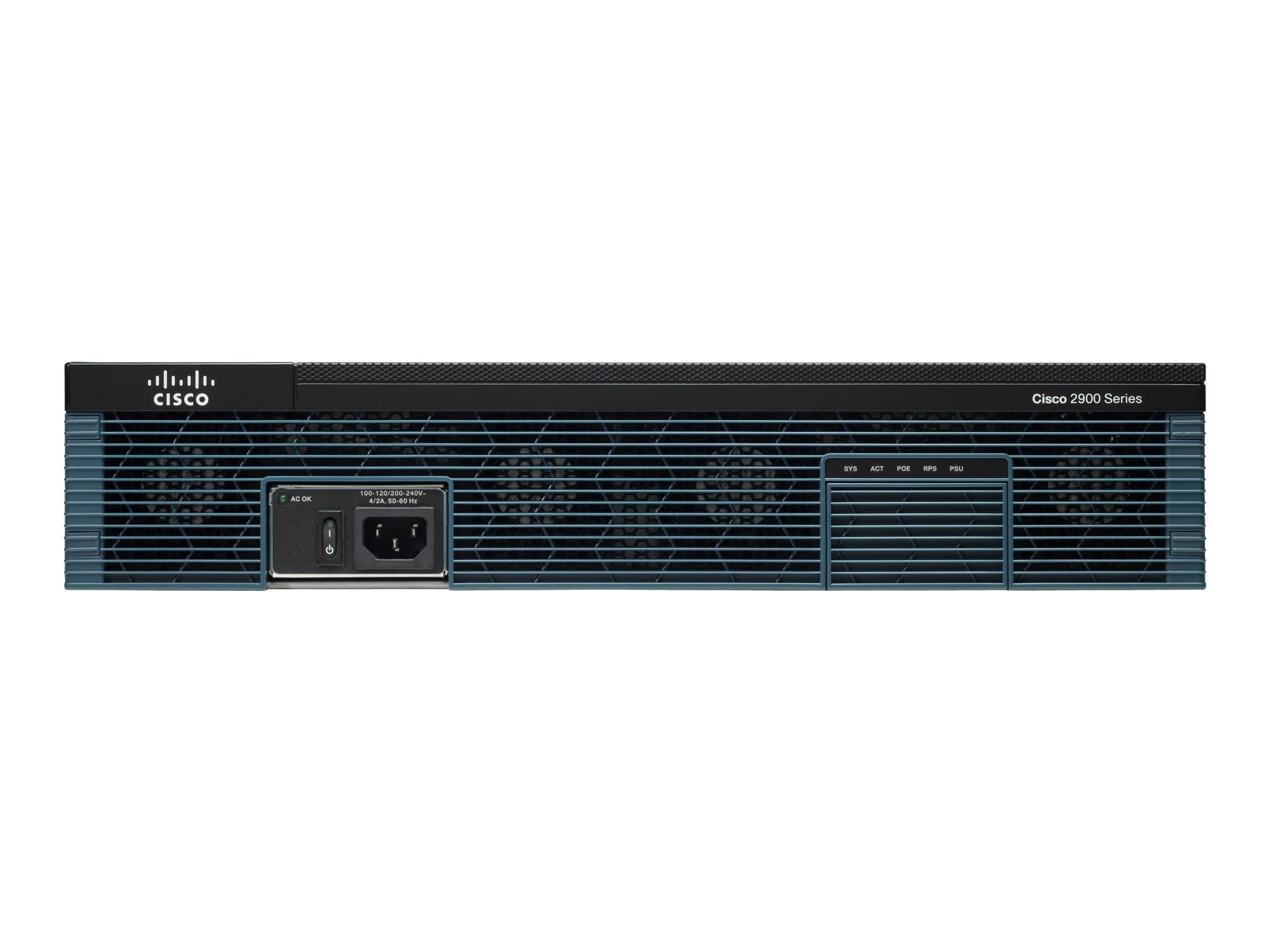 Cisco 2900 Series Netzwerk-Router Frontplatte mit Belüftungsgittern, Cisco-Logo, Netzschalter und AC-Stromeingang auf weißem Hintergrund
