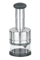 Edelstahlpresse und transparente Kunststoffküchenpresse mit schwarzem Griff und Basis, verwendet zum Schneiden oder Zerdrücken von Lebensmitteln in einem Glas.