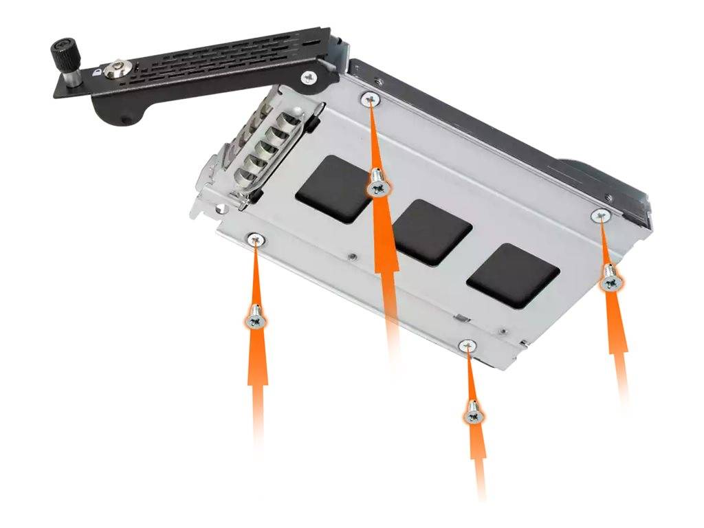Eine verstellbare Metallmontageklammer oder Hardwareanordnung mit mehreren Schraubenpunkten, die durch orangefarbene Pfeile hervorgehoben sind, auf weißem Hintergrund dargestellt.