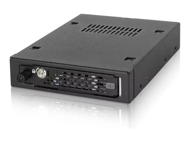 Schwarzes rechteckiges elektronisches Modul mit frontalem Lüftungsgitter, Statusleuchte und Anschlussport auf weißem Hintergrund.