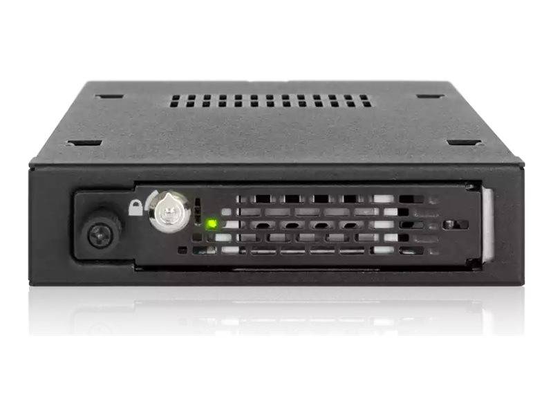 Vorderansicht eines kleinen schwarzen elektronischen Geräts mit einem belüfteten Panel, Stromschalter, Schlosssymbol und grüner Status-LED.