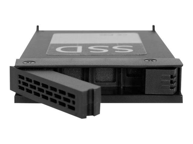 Ein schwarzes SSD-Laufwerk mit herausgezogener Anschlussschiene, gezeigt auf weißem Hintergrund.