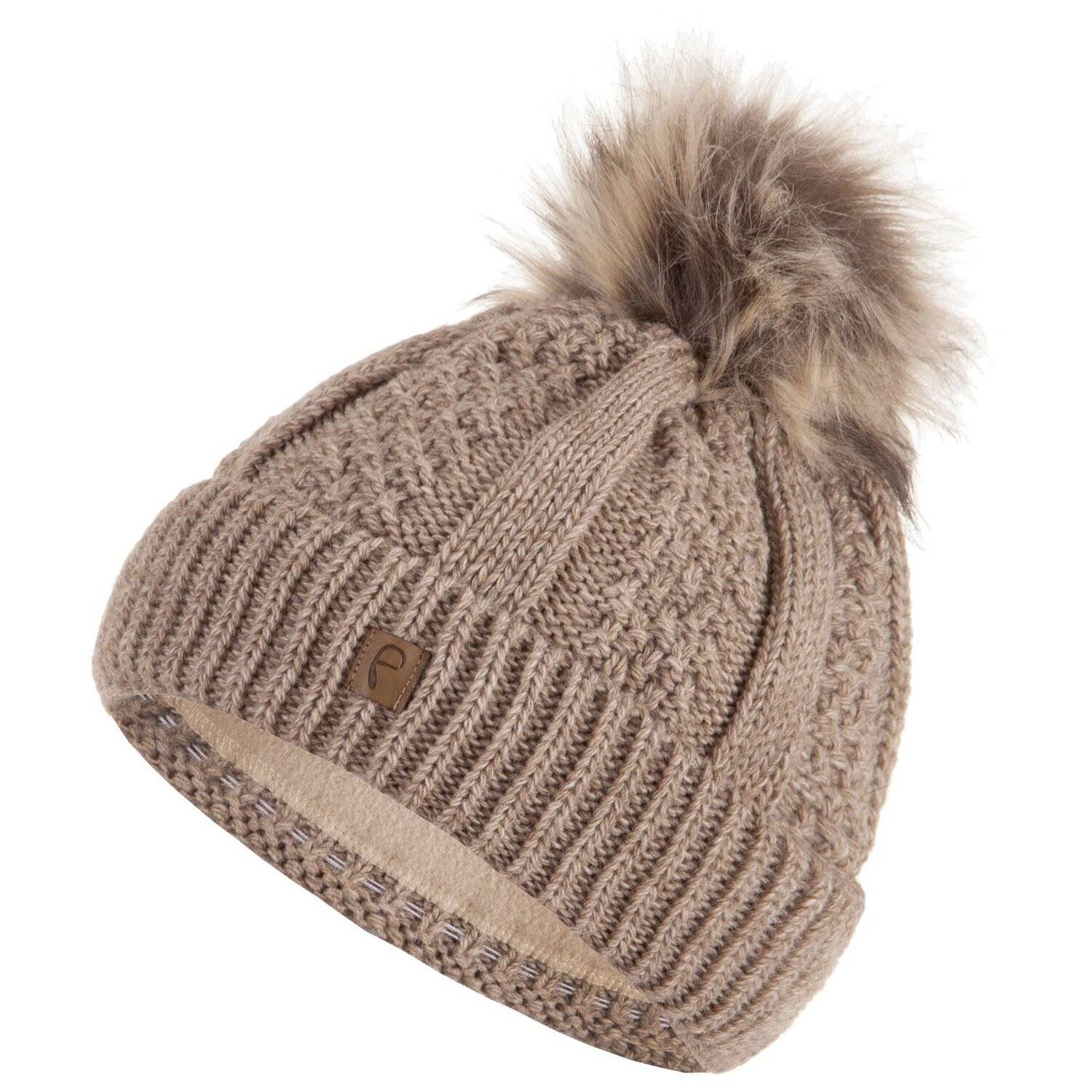 Faera Wintermütze warm gefüttert Kunstfell Bommel-Mütze Strickmuster Fleece-Futter Winter Damen Herren One-Size Beige