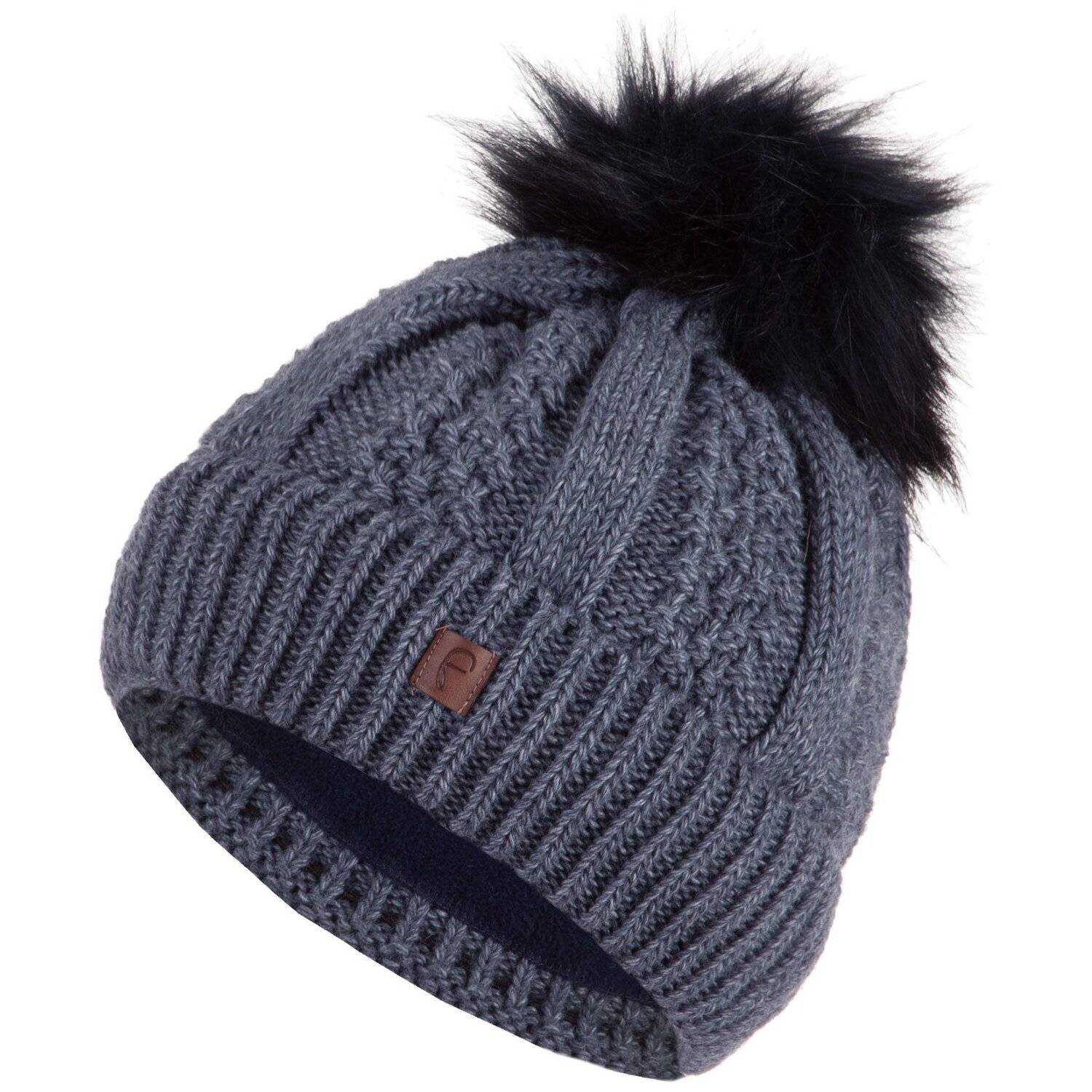 Faera Wintermütze warm gefüttert Kunstfell Bommel-Mütze Strickmuster Fleece-Futter Winter Damen Herren One-Size Blau