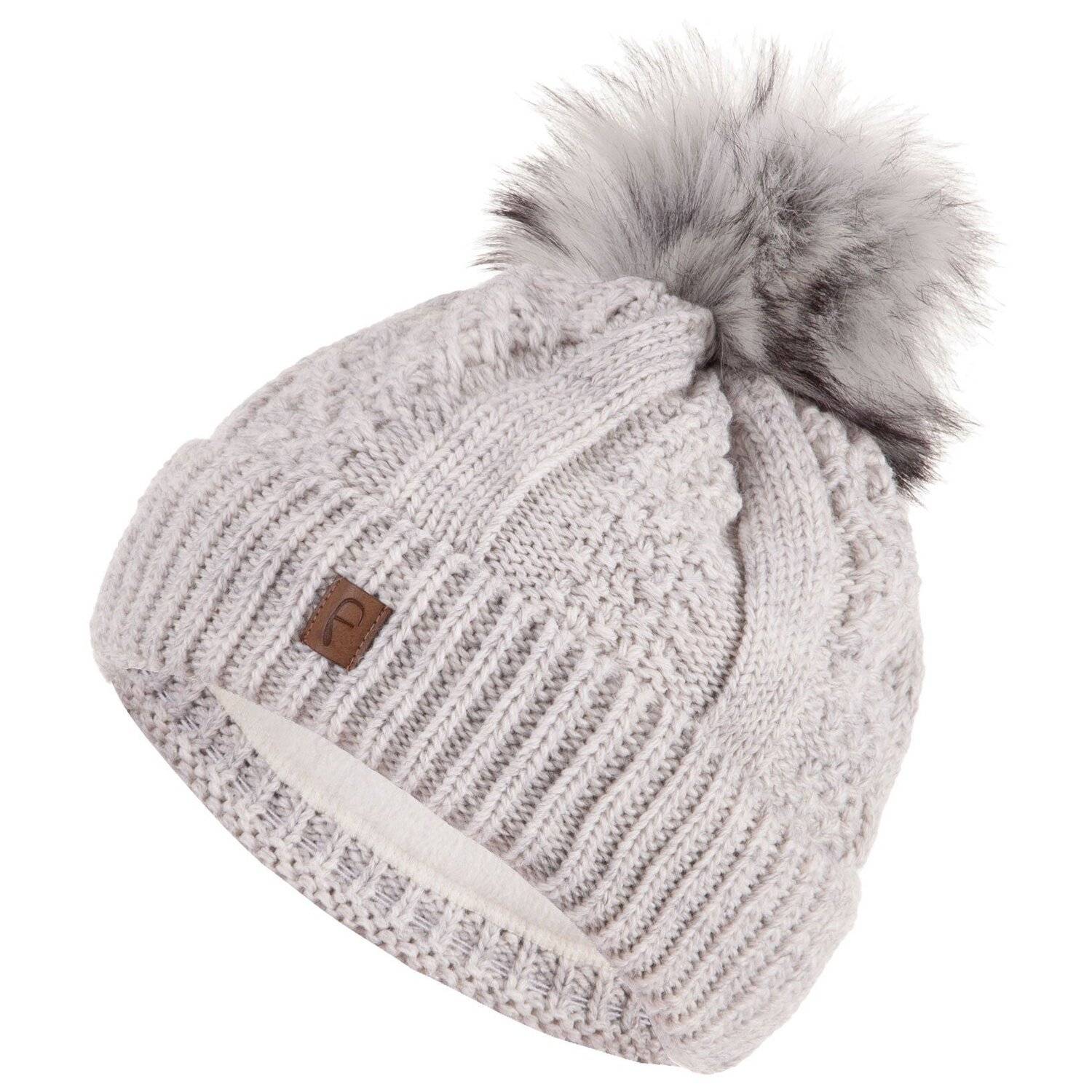 Faera Wintermütze warm gefüttert Kunstfell Bommel-Mütze Strickmuster Fleece-Futter Winter Damen Herren One-Size Hellgrau