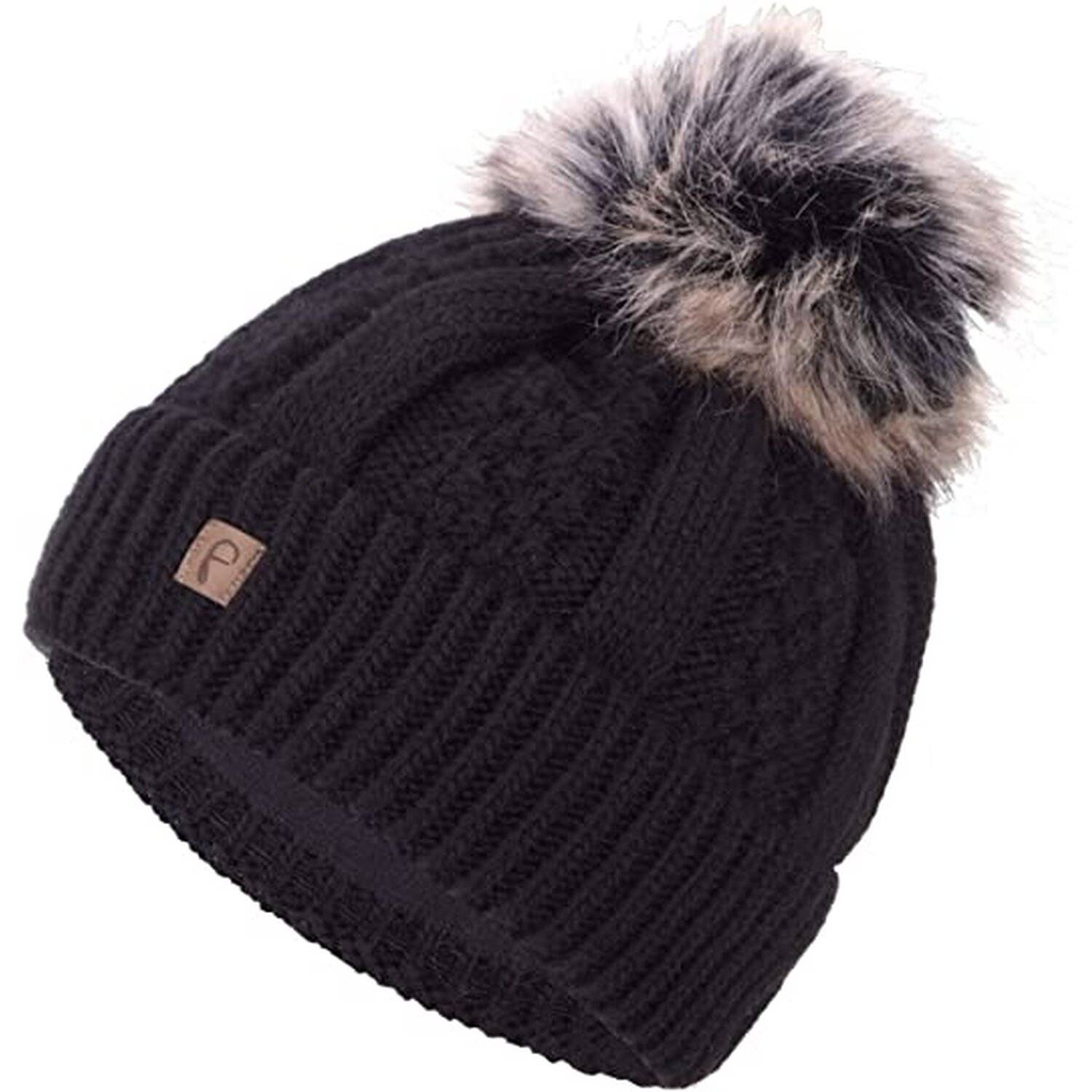 Faera Wintermütze warm gefüttert Kunstfell Bommel-Mütze Strickmuster Fleece-Futter Winter Damen Herren One-Size Schwarz