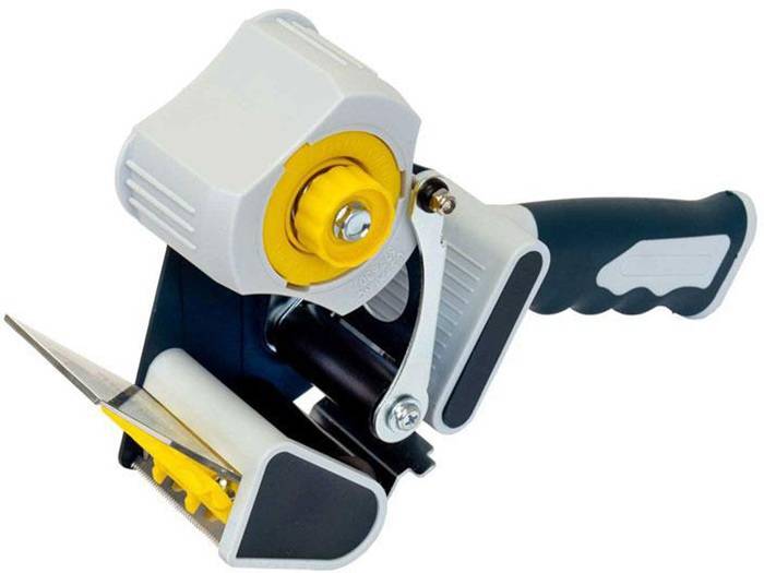 Ein tragbarer Klebebandspender mit einem gelben Rad und einer Metallschneidklinge, entwickelt zum effektiven Versiegeln von Paketen.