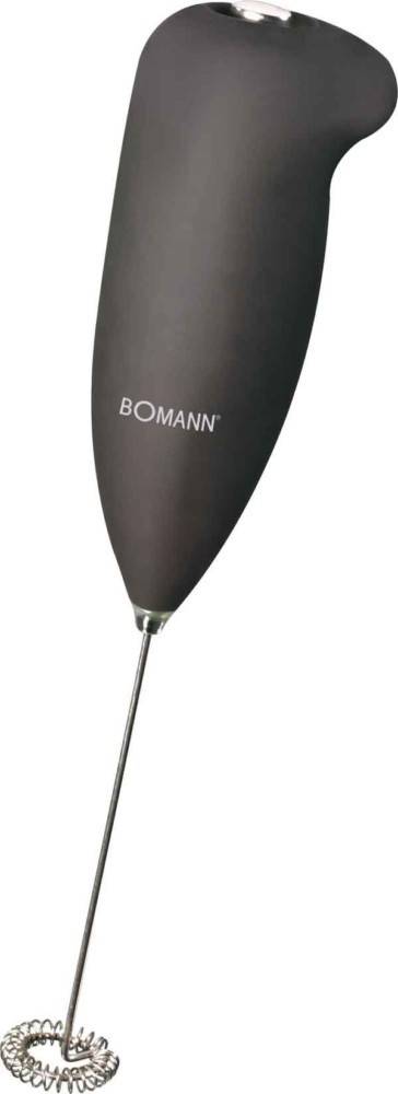 Ein schwarzer, handgehaltener Milchaufschäumer mit dem Markennamen 'BOMANN' am Gehäuse und einem Metallquirl am Ende.