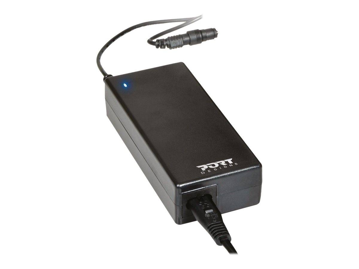 Schwarzer AC-Stromadapter mit blauer Anzeigelampe und angebrachtem Kabel, dargestellt auf weißem Hintergrund.