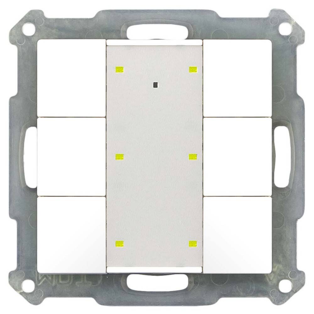 Eine weiße modulare Wandplatte mit gelben quadratischen Indikatoren, eingesetzt in einem grauen Rahmen, konzipiert für elektrische Schalter oder Steckdosen.