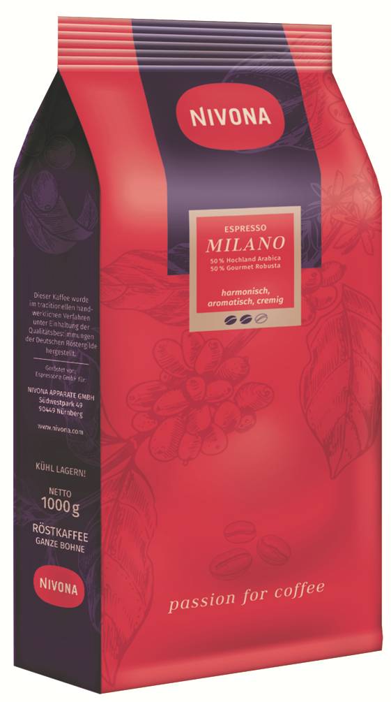 Rot-violette Nivona-Kaffeeverpackung mit der Bezeichnung „ESPRESSO MILANO