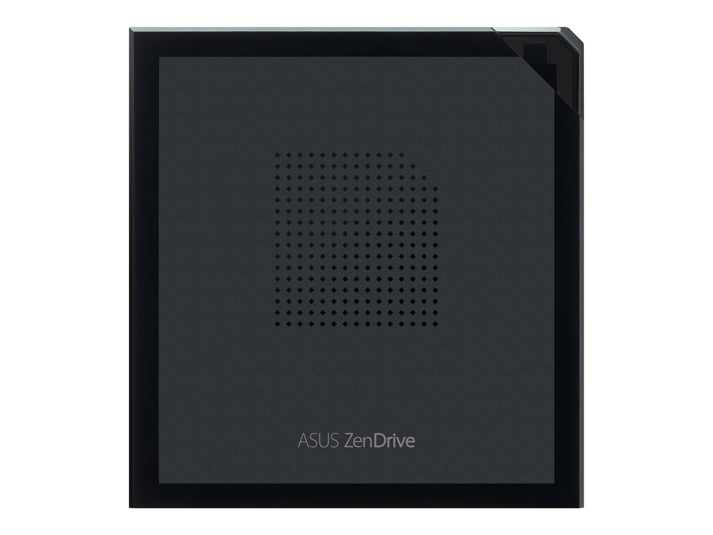 Schwarzes ASUS ZenDrive externes optisches Laufwerk mit quadratischem, perforierten Mittelpanel auf einfarbigem Hintergrund.