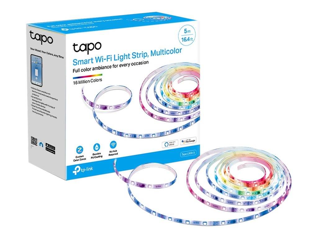 Verpackte TP-Link Tapo intelligente Wi-Fi LED-Lichtstreifenset, mehrfarbig, mit aufgerolltem Regenbogenlichtstreifen neben der Verpackung angezeigt.