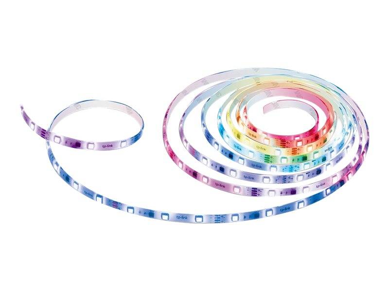 Aufgerollter mehrfarbiger LED-Lichtstreifen auf weißem Hintergrund, wobei der Streifen nach links abgerollt ist.
