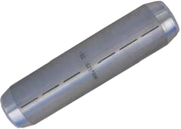 Ein metallisches zylindrisches Objekt, das in einem Winkel gezeigt wird, mit gleichmäßig verteilten Schlitzen entlang seiner Länge, möglicherweise ein Werkzeug oder ein Maschinenteil.