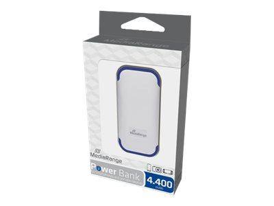 Einzelhandelsverpackung für eine MediaRange Power Bank mit der Bezeichnung 4.400, gezeigt in weiß-blauer Verpackung mit einer Aufhängungslasche.