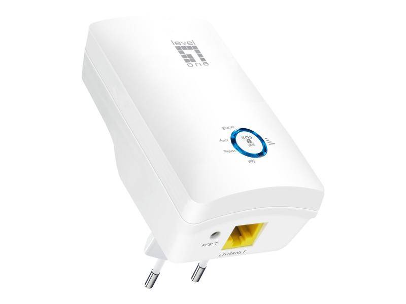 Weißer WLAN-Signalverstärker mit zweipoliger Steckdose, Signal-LEDs und Ethernet-Anschluss auf weißem Hintergrund.