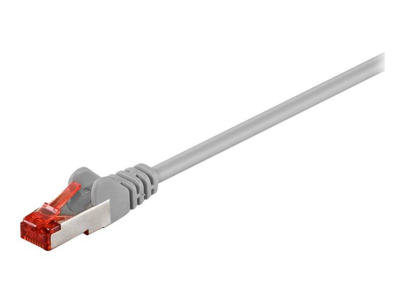 Graues Ethernet-Kabel mit RJ45-Stecker am Ende, gezeigt auf weißem Hintergrund.