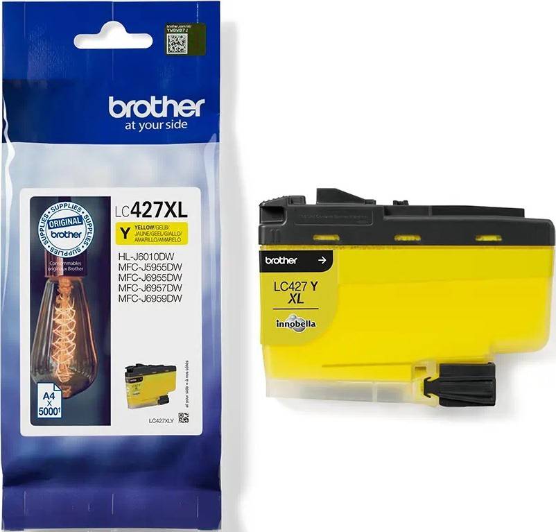 Brother LC427XL Tintenpatrone in Gelb, Verpackung und Patrone abgebildet; kompatibel mit ausgewählten Brother Druckermodellen, die auf der Verpackung aufgeführt sind.