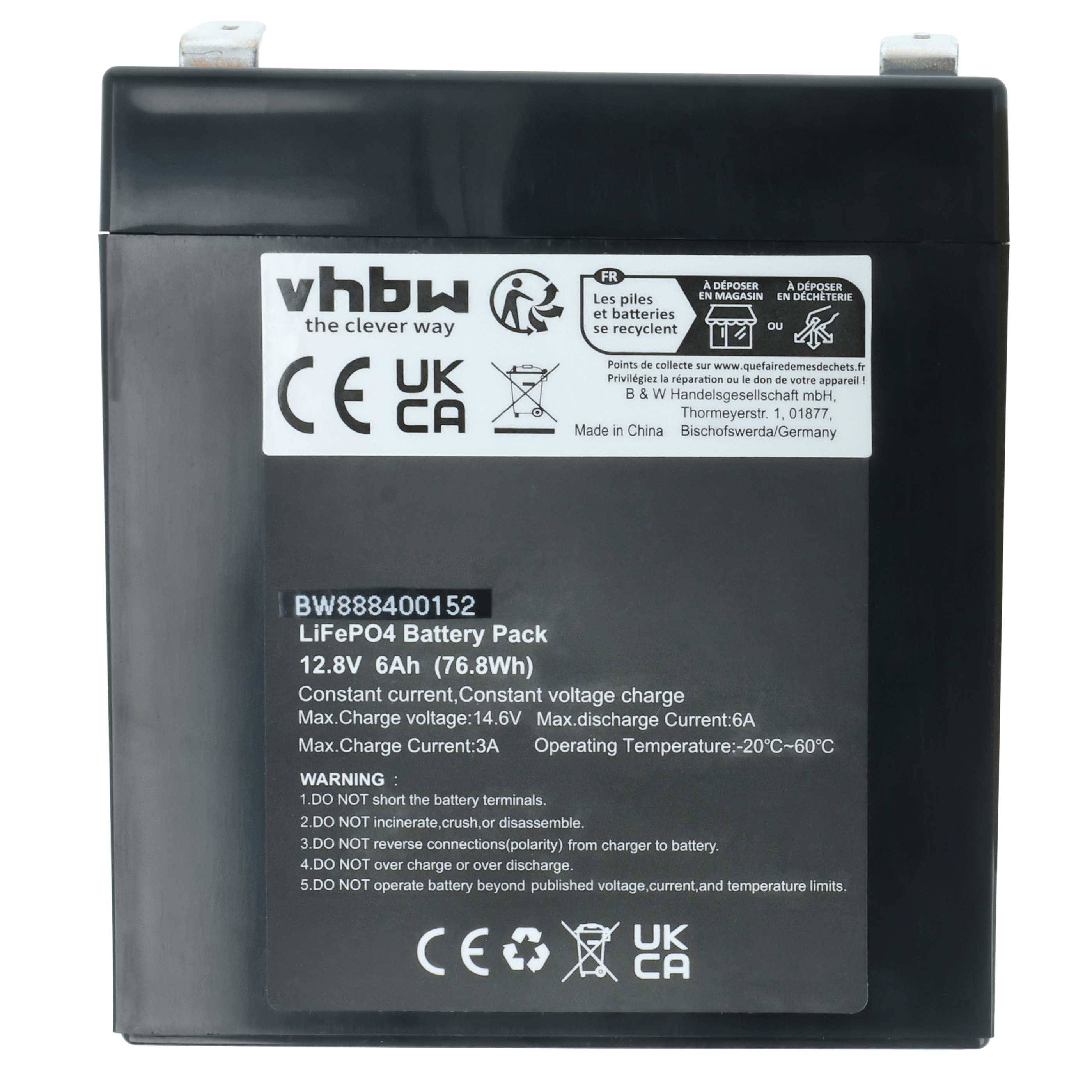 Ein schwarzes LiFePO4-Batteriepaket mit folgenden Spezifikationen: 12,8V, 6Ah (76,8Wh), Konstantspannung: 14,6V, Standard-Ladestrom: 6A, Betriebstemperatur: -20°C bis 60°C.