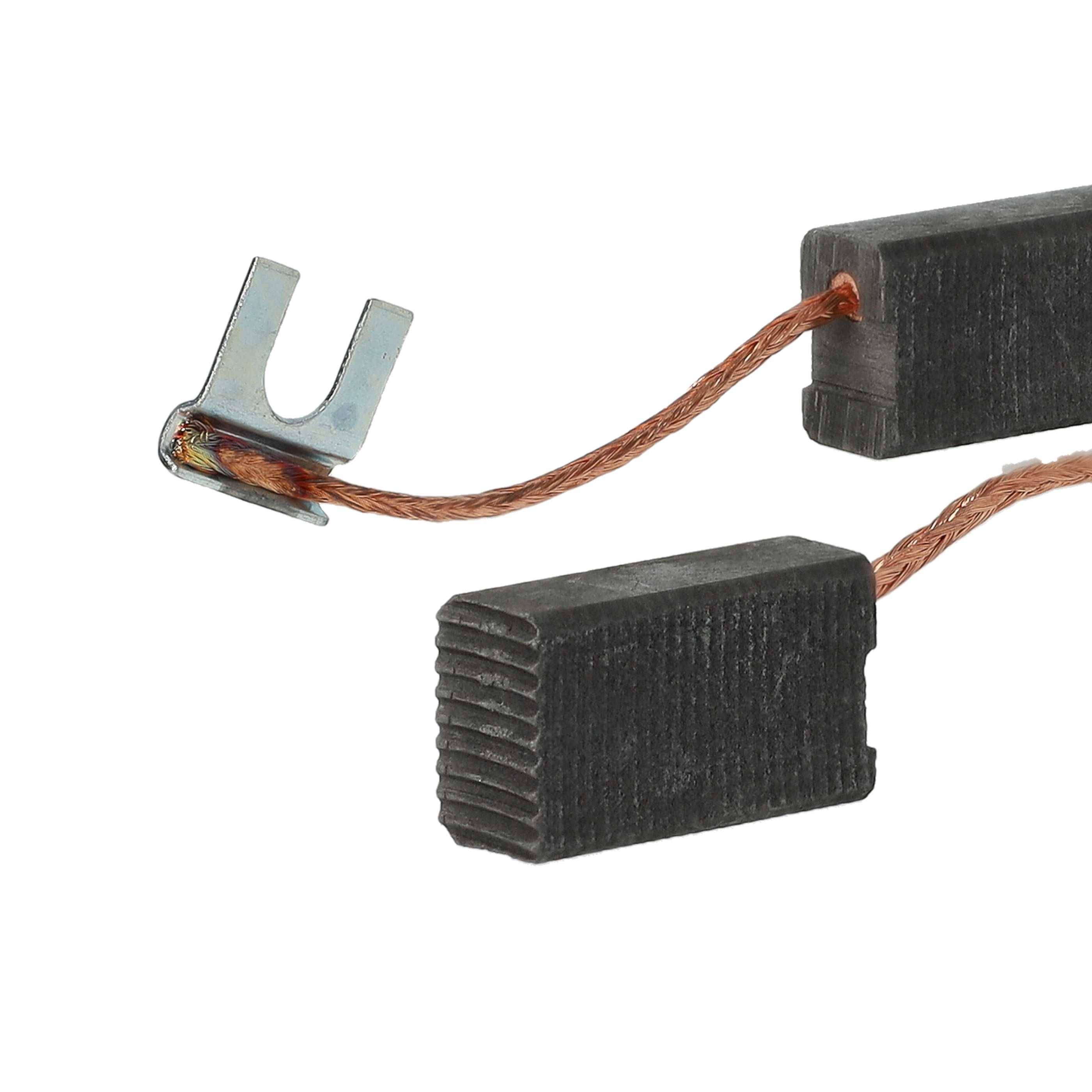 Zwei Kohlebürsten mit angebrachten Kupferdrähten, die für den elektrischen Kontakt in Motoren verwendet werden.