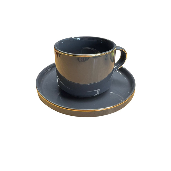 12-Teiliges Kaffeeset aus Porzellan mit Untertassen Kaffeebecher Tasse Grau mit Gold Umrandung Espressotasse
