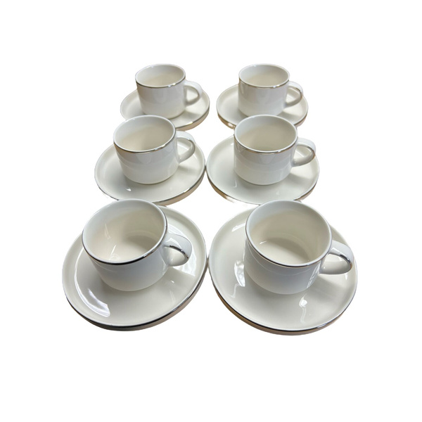 12-Teiliges Espresso Set Kaffeeset aus Porzellan mit Untertassen Kaffeebecher Tasse mit Silber Umrandung Espressotasse