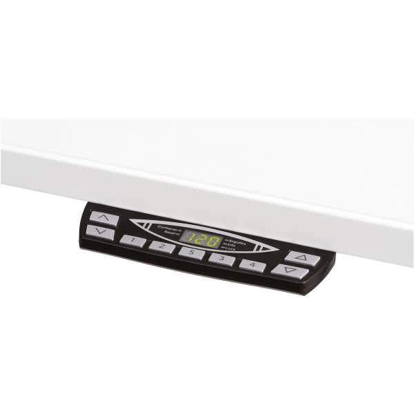 Weißer höhenverstellbarer Schreibtisch mit integriertem Bedienfeld unter der vorderen Kante, mit digitalem Display und Auf-/Ab-Tasten.