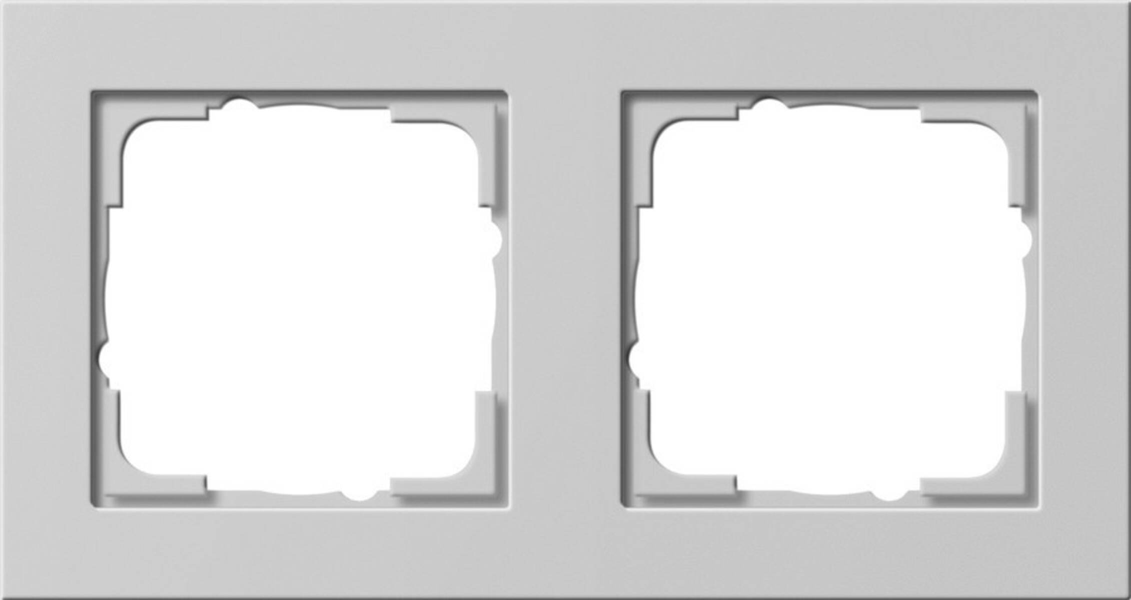 Zwei blanke quadratische Wandplatten mit versenkten Öffnungen nebeneinander auf einem hellgrauen Panel.
