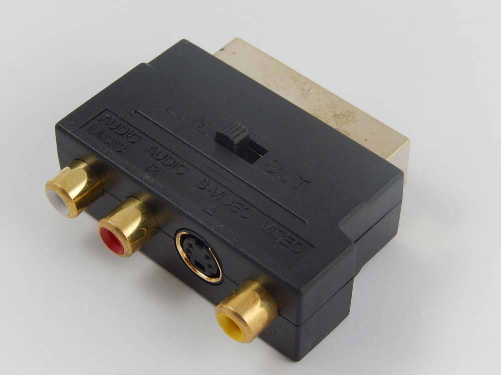 Ein SCART-zu-RCA-Adapter mit roten, weißen und gelben RCA-Buchsen für Audio- und Videoverbindungen sowie einem S-Video-Anschluss; Schalter mit den Bezeichnungen 