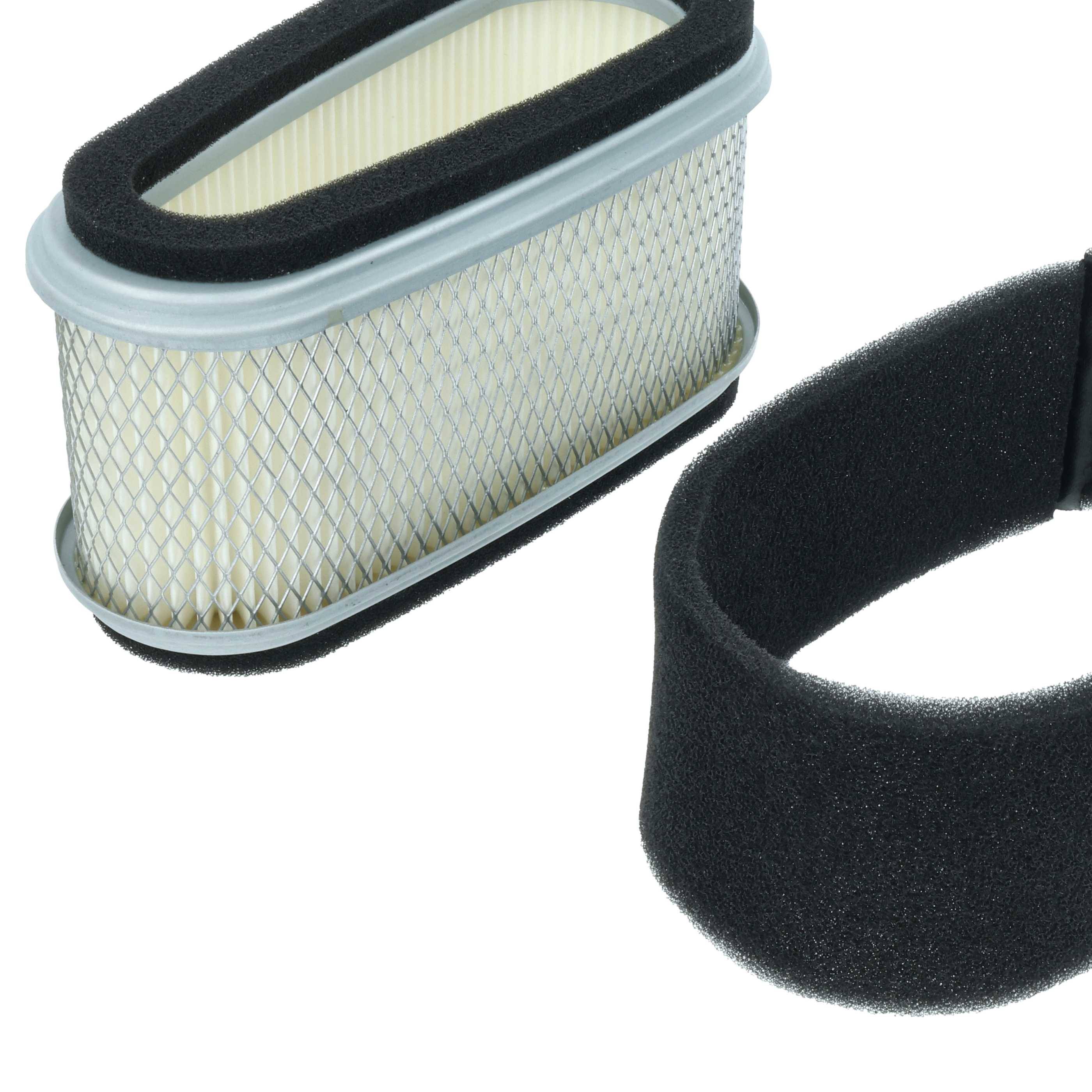 Ovaler Luftfilter mit einem Schaumschutzbezug daneben, verwendet zum Filtern von Partikeln in Motoren oder Maschinen.