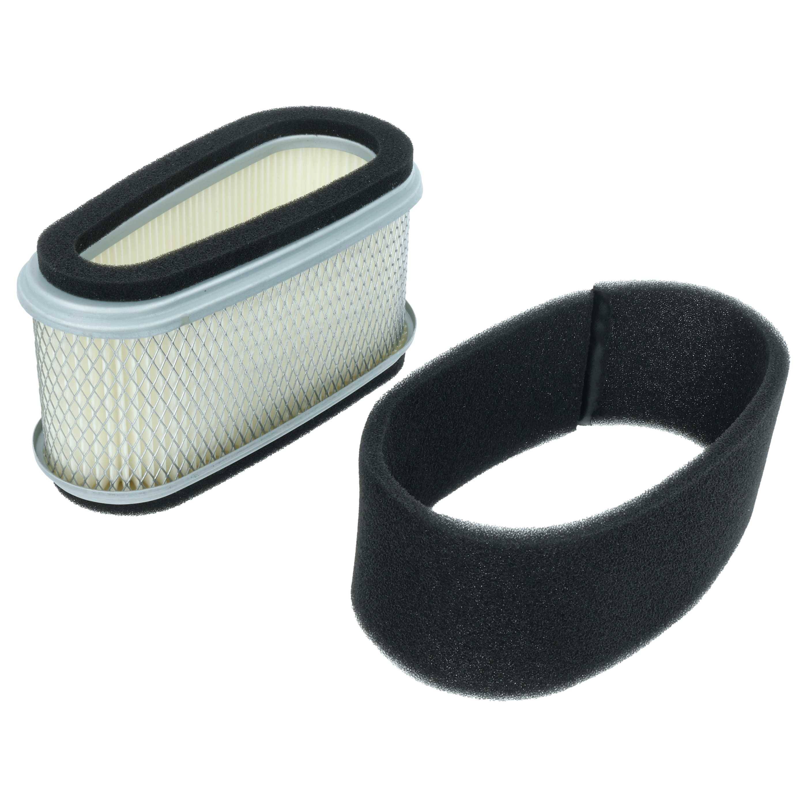 Ovaler Luftfilter mit einem schwarzen Schaumstoff-Vorfilter daneben. Der Luftfilter verfügt über ein Metallgitter und eine gefaltete Papierauslegung.