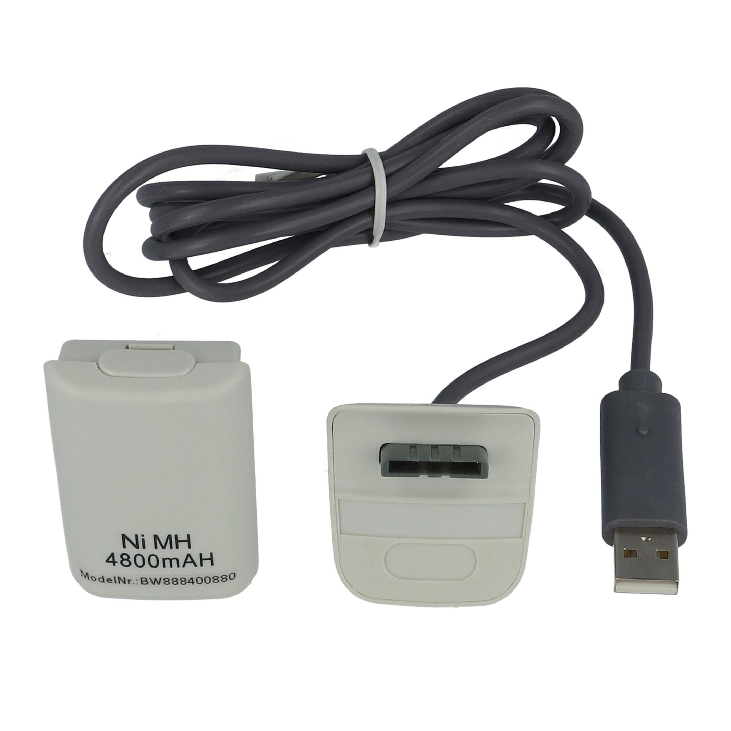 vhbw Play & Charge Kit kompatibel mit Microsoft Xbox 360 Controller - 1x Ladekabel, 1x Akku, Grau, Weiß