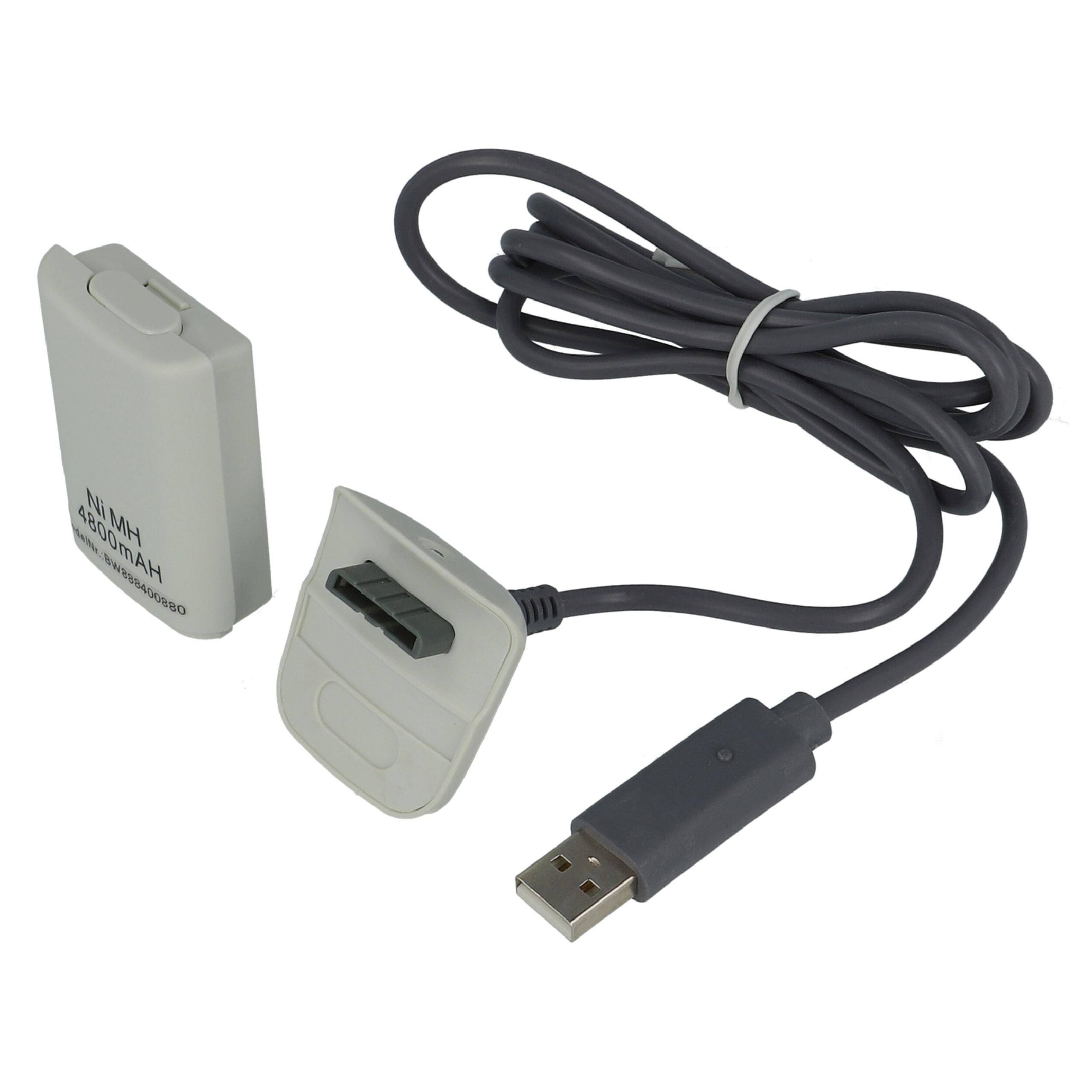 vhbw Play & Charge Kit kompatibel mit Microsoft Xbox 360 Controller - 1x Ladekabel, 1x Akku, Grau, Weiß