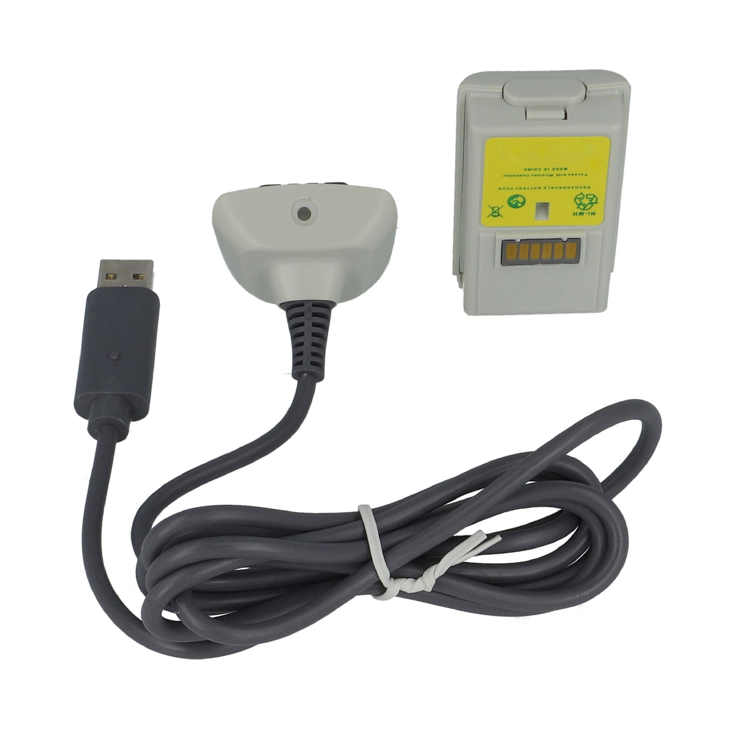 vhbw Play & Charge Kit kompatibel mit Microsoft Xbox 360 Controller - 1x Ladekabel, 1x Akku, Grau, Weiß