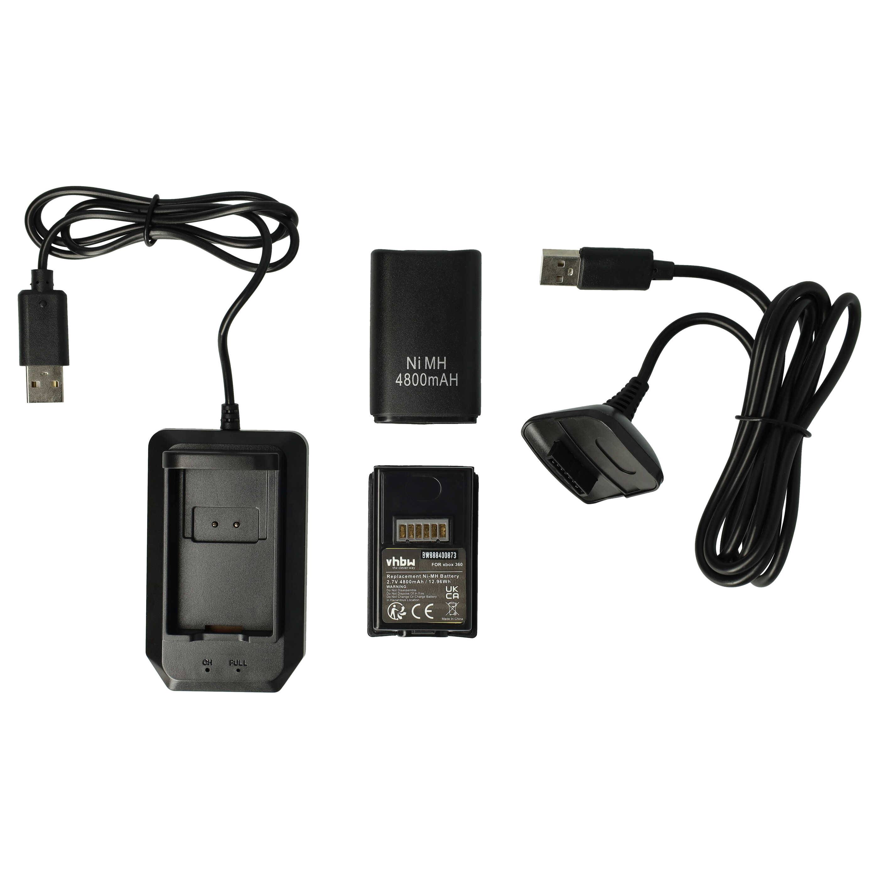 vhbw Play & Charge Kit kompatibel mit Microsoft Xbox 360 Controller - 1x Ladegerät, 1x Ladekabel, 2x Akku, Schwarz
