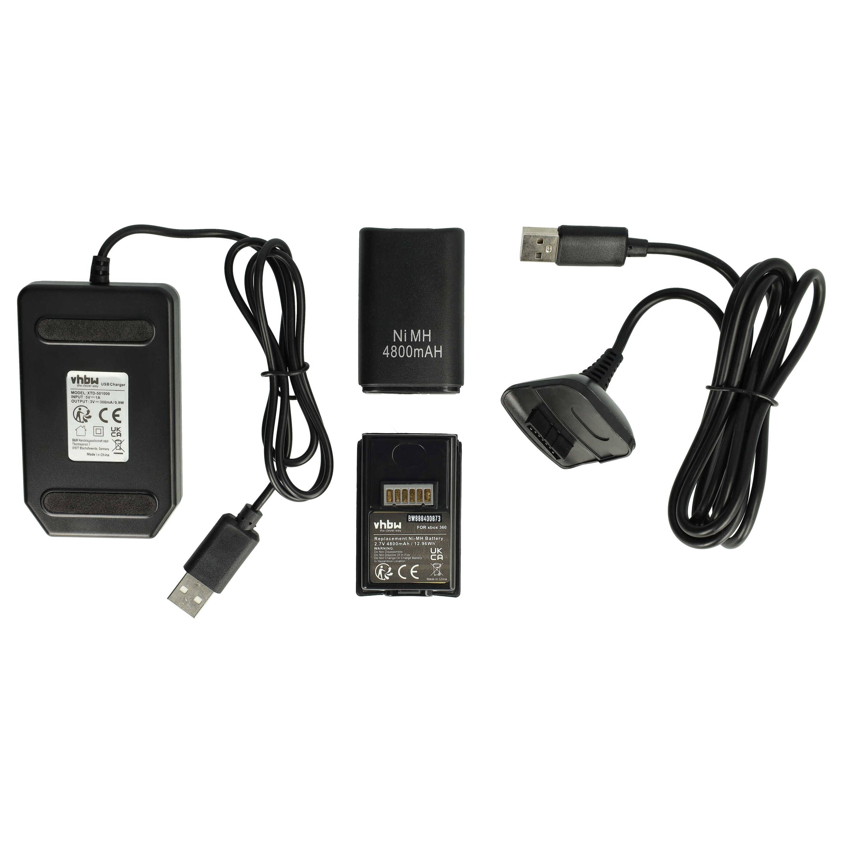 vhbw Play & Charge Kit kompatibel mit Microsoft Xbox 360 Controller - 1x Ladegerät, 1x Ladekabel, 2x Akku, Schwarz