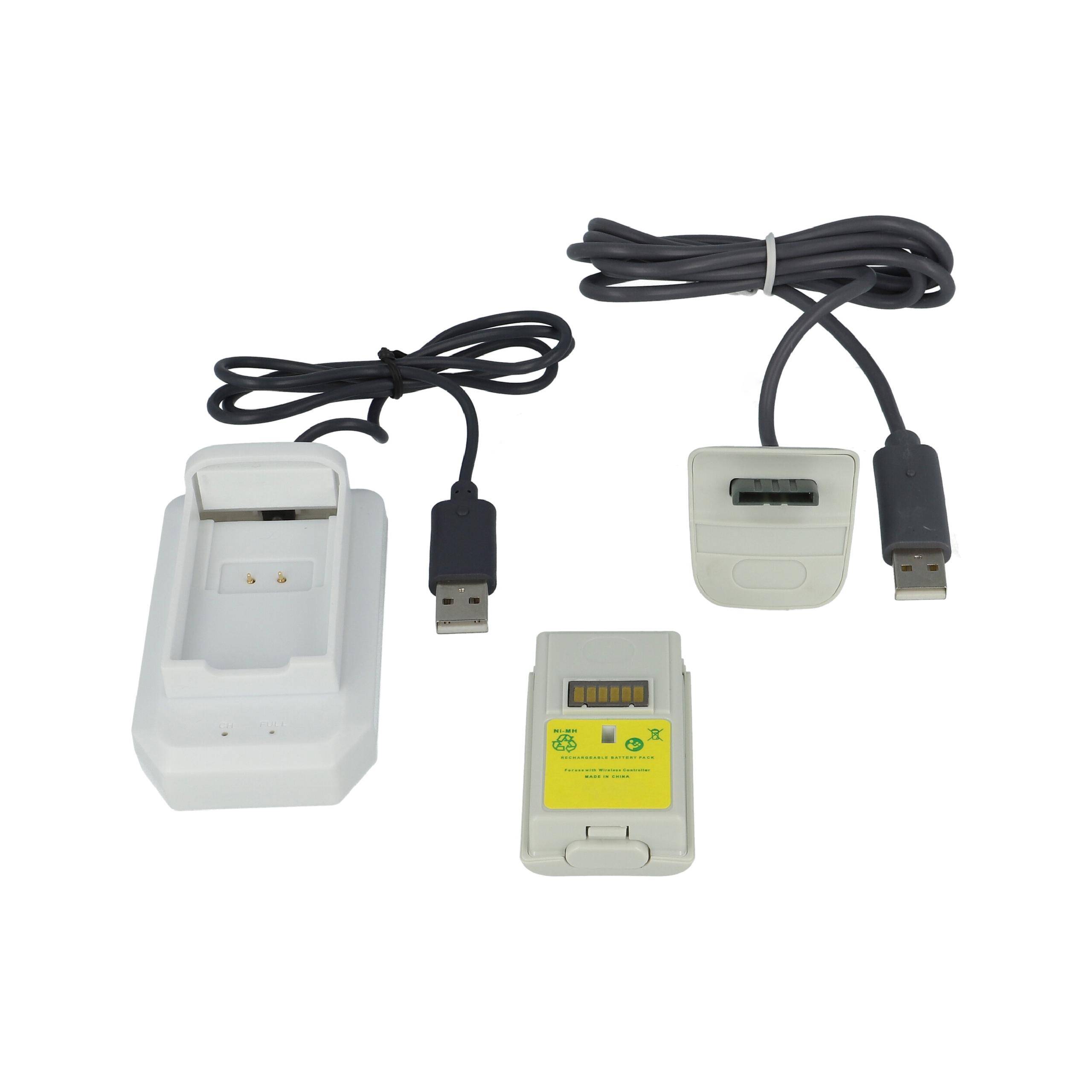 vhbw Play & Charge Kit kompatibel mit Microsoft Xbox 360 Controller - 1x Ladegerät, 1x Ladekabel, 1x Akku, Schwarz, Grau, Weiß