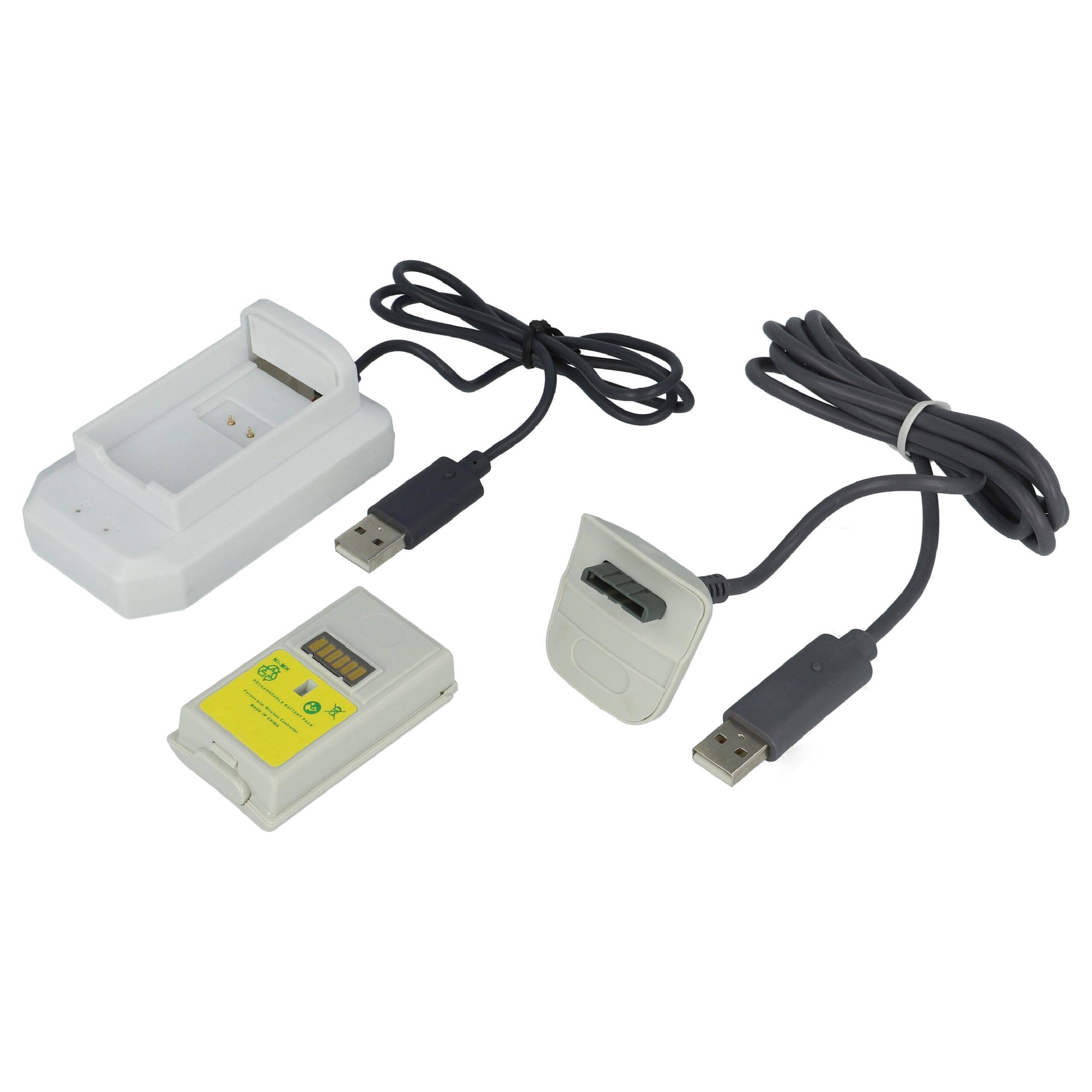 Zwei USB-Ladekabel mit Batteriestationen/Adaptern für ein kleines wiederaufladbares Gerät, auf weißem Hintergrund gezeigt.