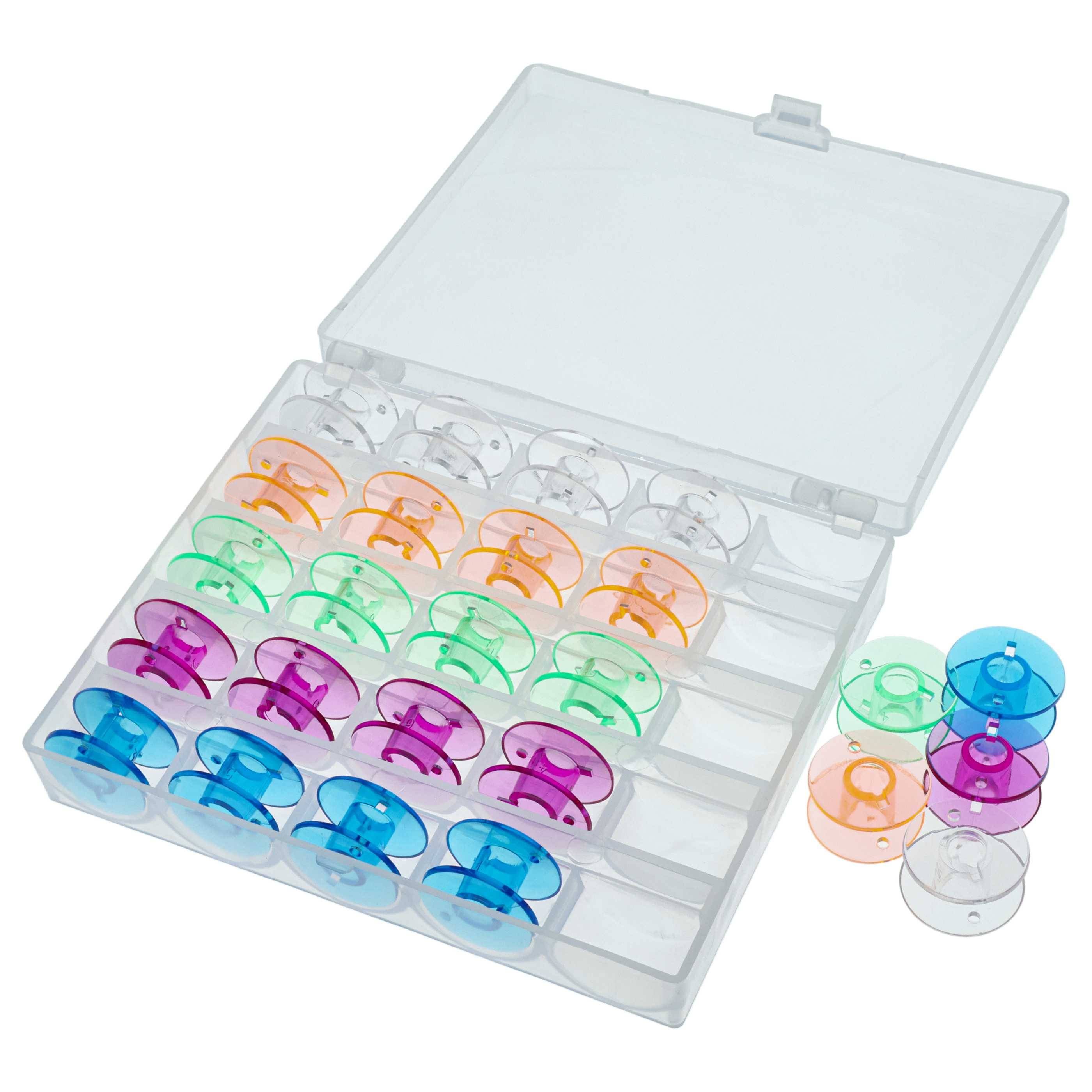 vhbw Aufbewahrungs-Box kompatibel mit Janome 575, 532, 446, 444, 556, 552, 535, 4612 Nähmaschinen-Spulen - inkl. Unterfaden-Spulen, Farbig