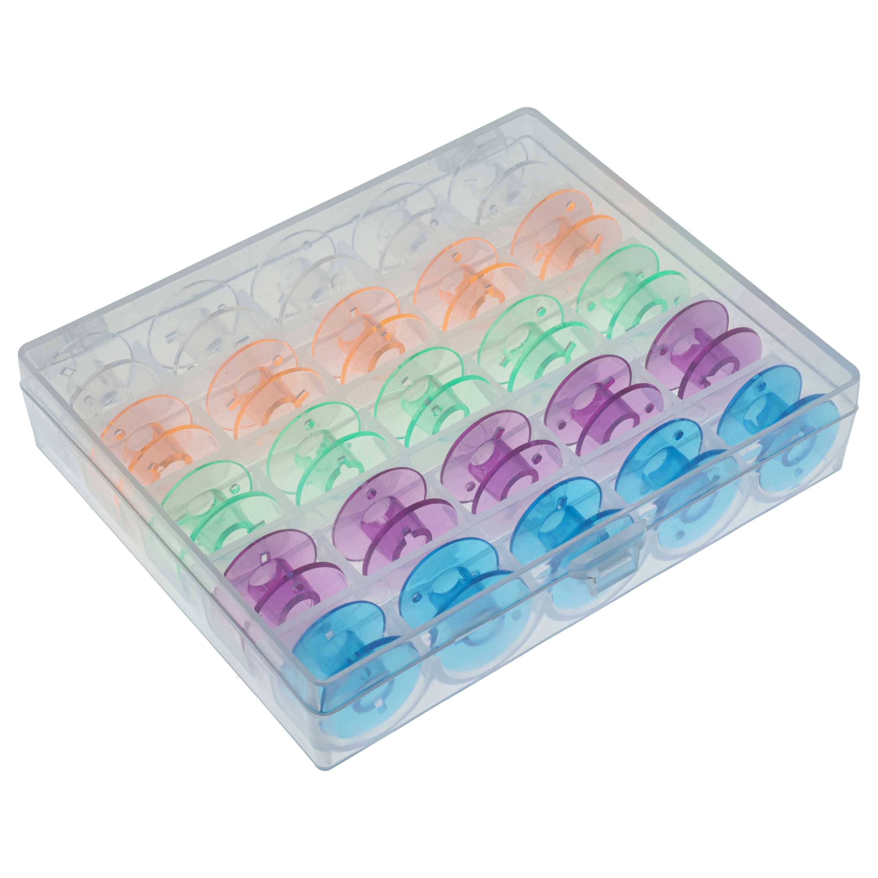 vhbw Aufbewahrungs-Box kompatibel mit Janome 575, 532, 446, 444, 556, 552, 535, 4612 Nähmaschinen-Spulen - inkl. Unterfaden-Spulen, Farbig
