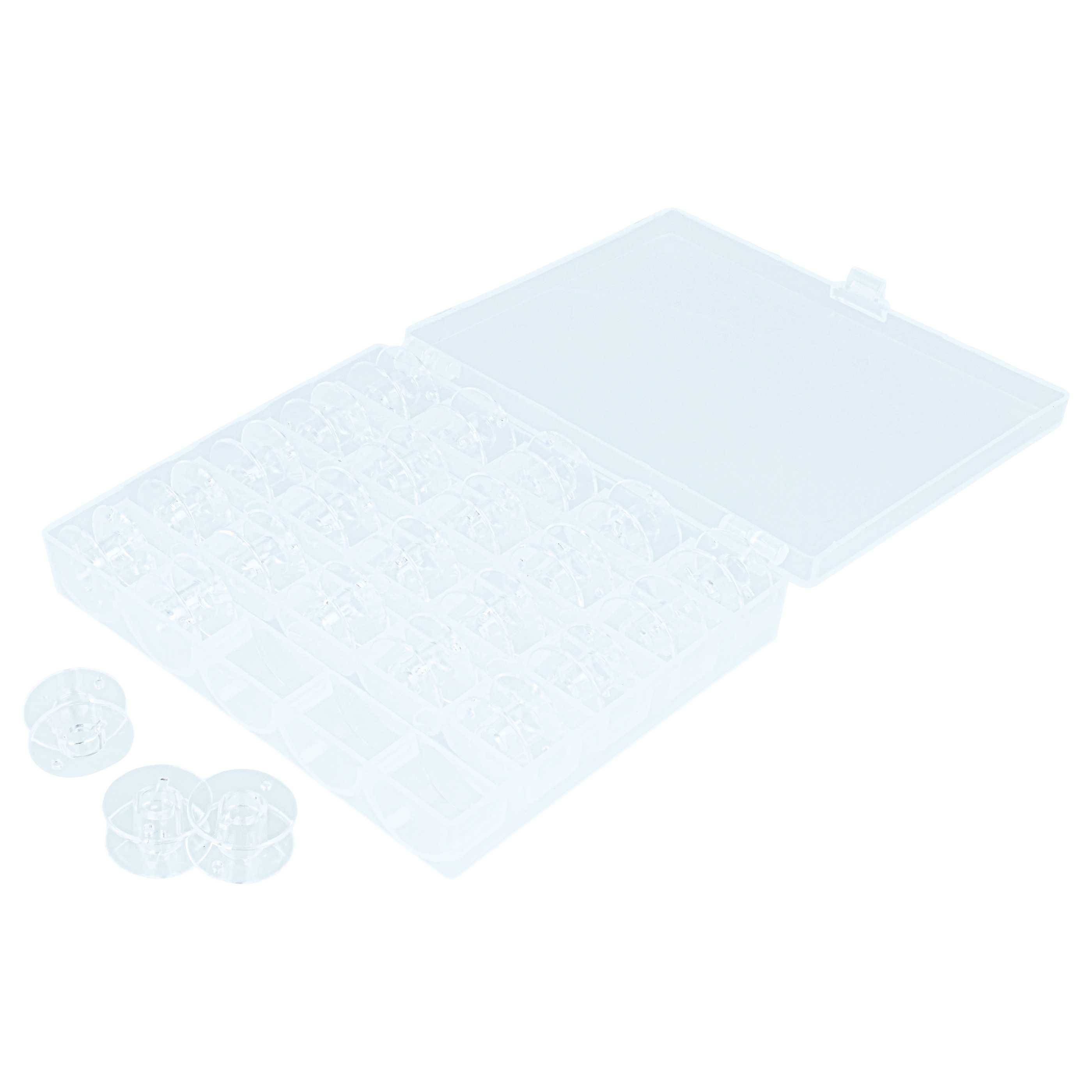 Eine transparente Lagerkiste mit offenen Deckel und mehreren Fächern, wobei jedes Fach einen kleinen runden Kunststoffbehälter enthält. Drei Behälter befinden sich außerhalb der Kiste.