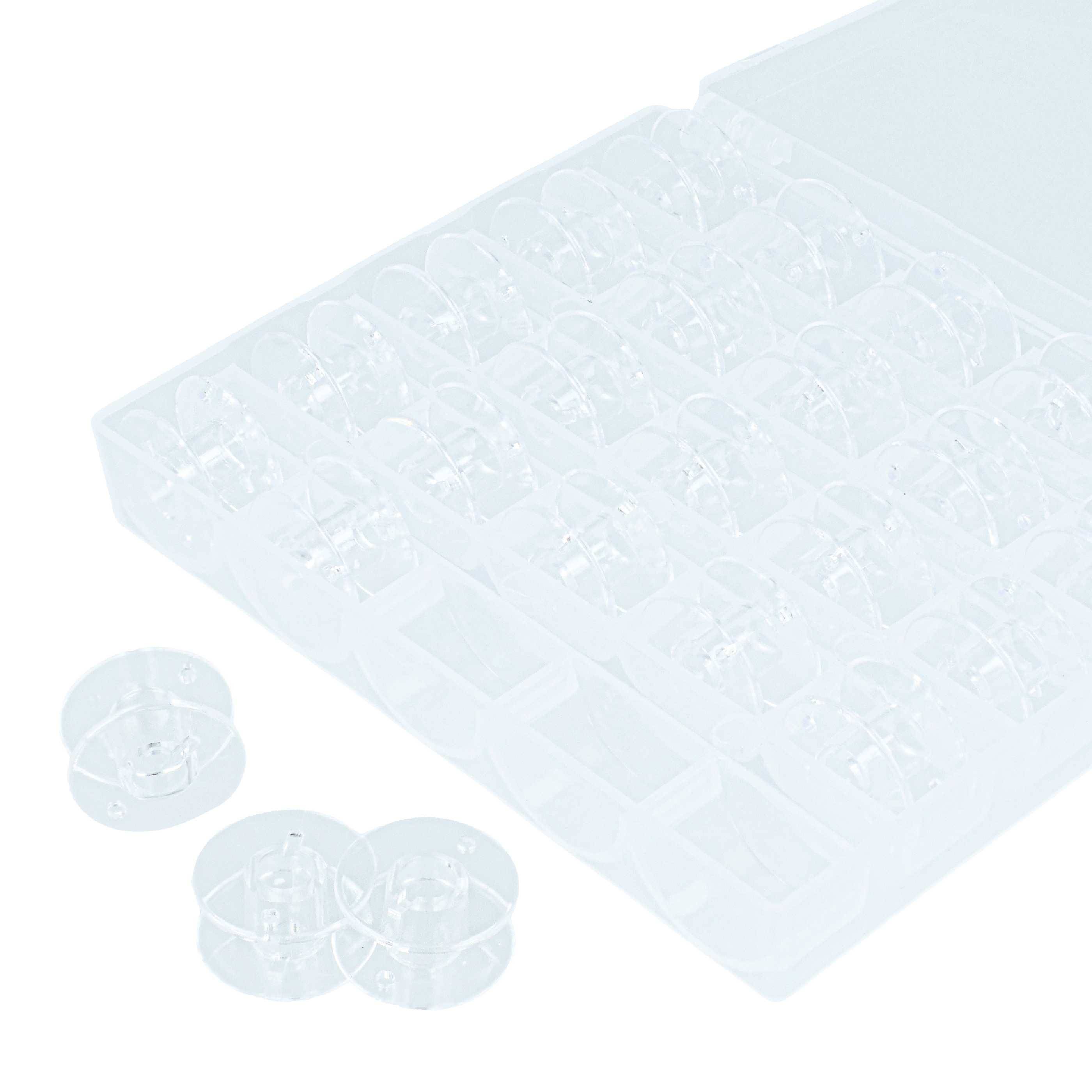 Eine durchsichtige Kunststoffbox mit mehreren Fächern zur Organisation und Lagerung von kleinen Gegenständen, hier teilweise offen gezeigt mit einigen leeren Bereichen.